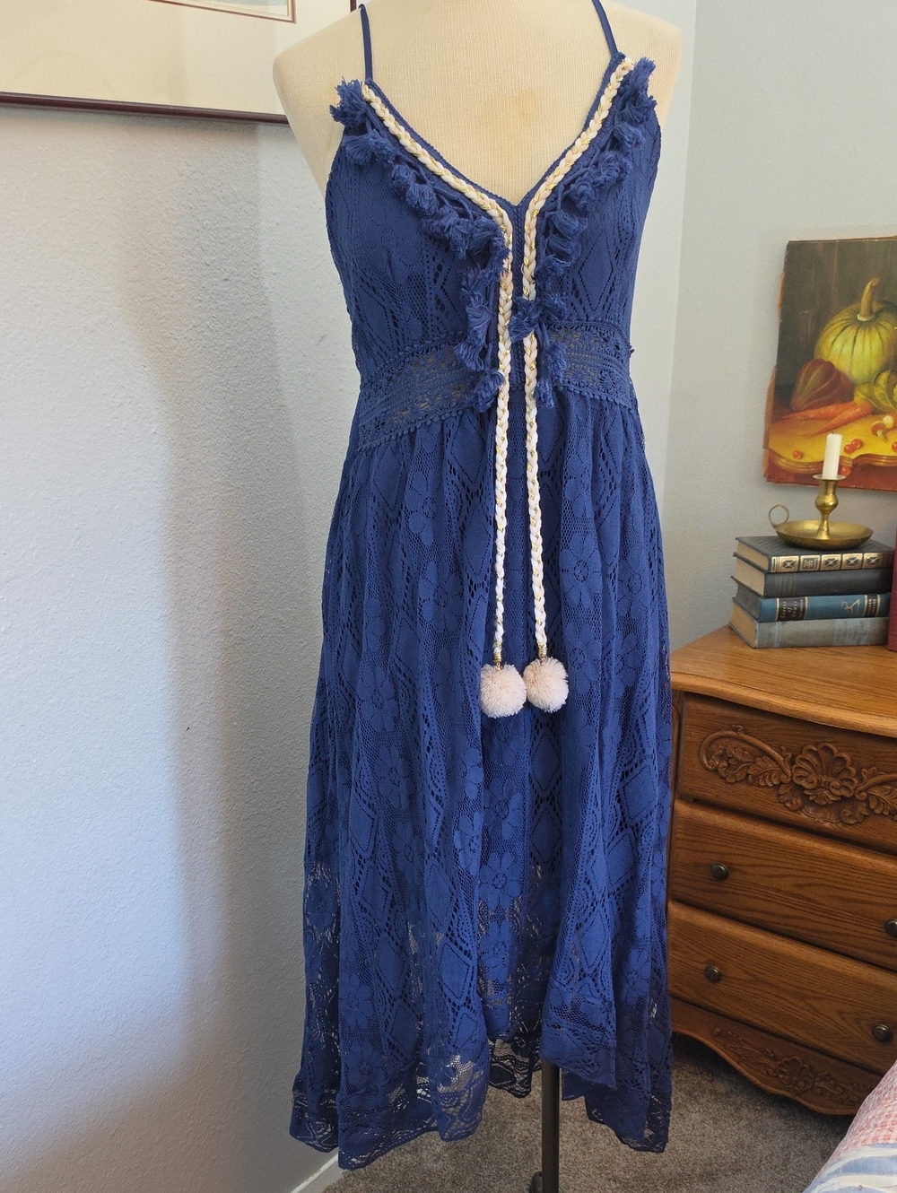 Cupshe NWT  Blue Lace Midi Slip with Pom Poms Beach Dress Resortwear Summer